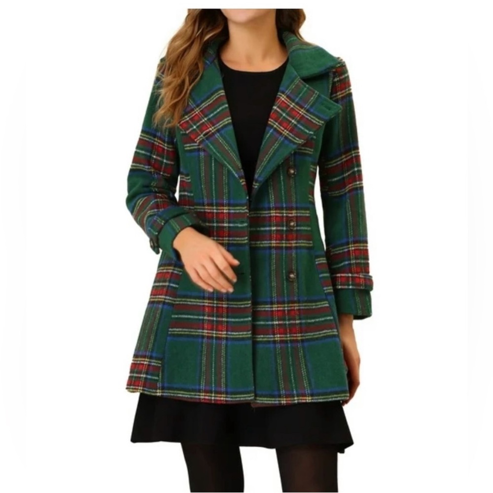 Brand new with tag Allegra K Green and Red Plaid tartan Pea Coat - Picture 6 of 11
